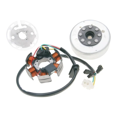 Kép: OEM generátor állórész (gyújtásalaplap) + forgórész (lendkerék) Derbi, Aprilia with Ducati/Kokusan (gyújtással)